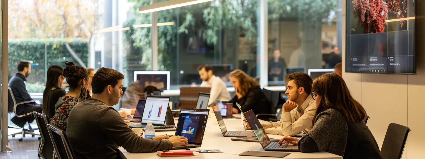 a team of professionals working together on laptops in a modern office setting, utilizing collaborative software tools for virtual cfo services.