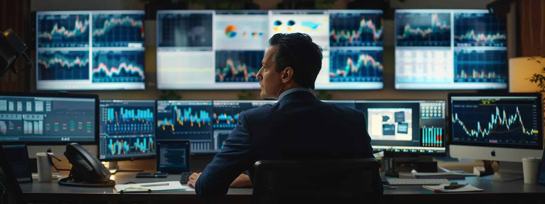 a part-time cfo sitting at a desk surrounded by multiple computer screens displaying financial data and cybersecurity software.