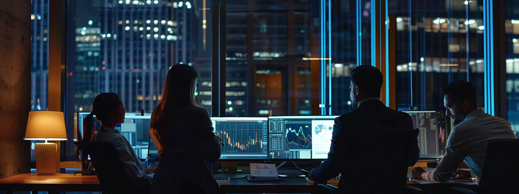 a team of professionals analyzing financial data on computer screens in a modern office setting.