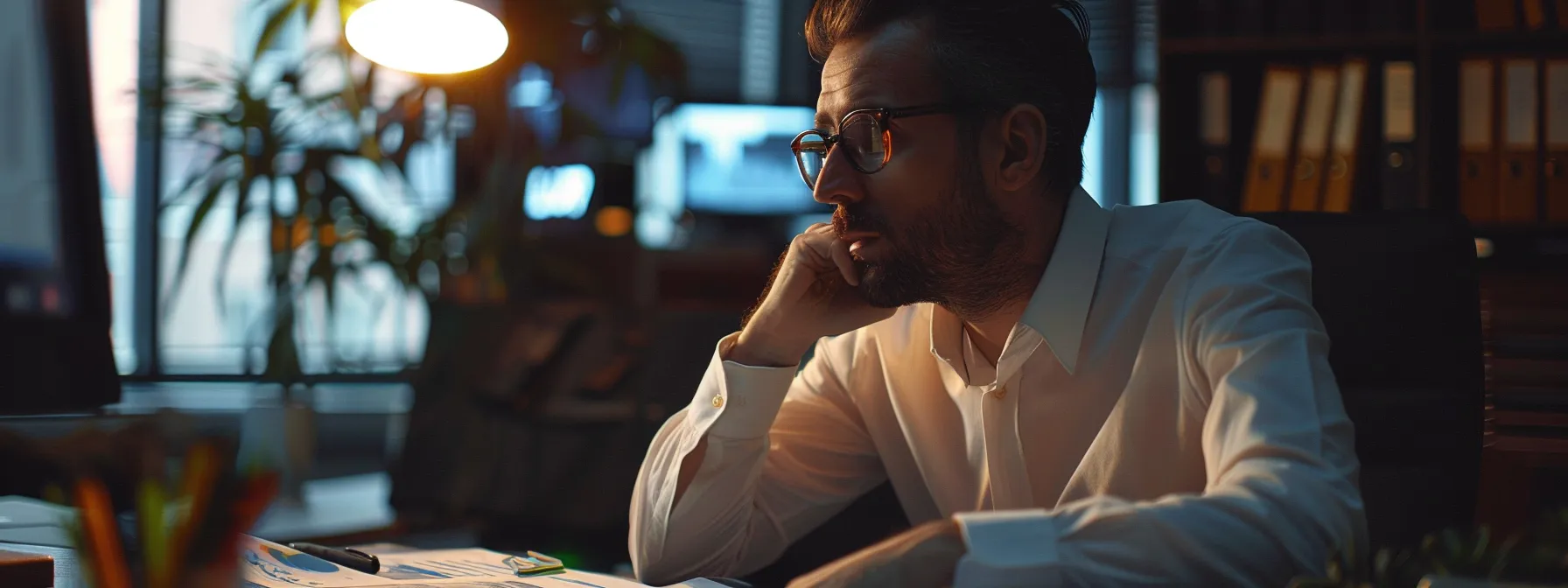 a professional sitting at a desk with financial reports and charts, deep in thought while planning for future scenarios.