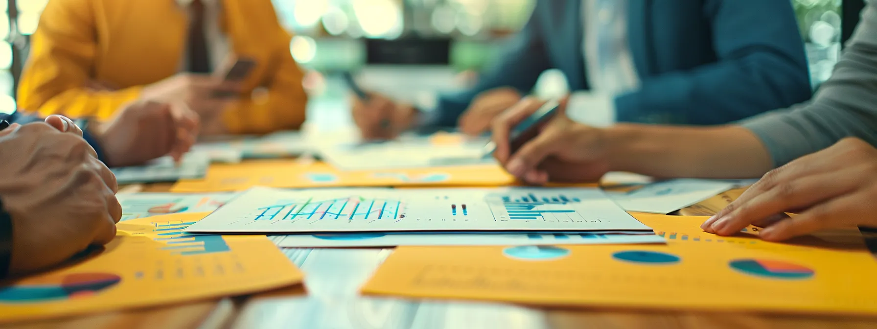 a group of business professionals strategizing around a conference table with charts and graphs in hand.