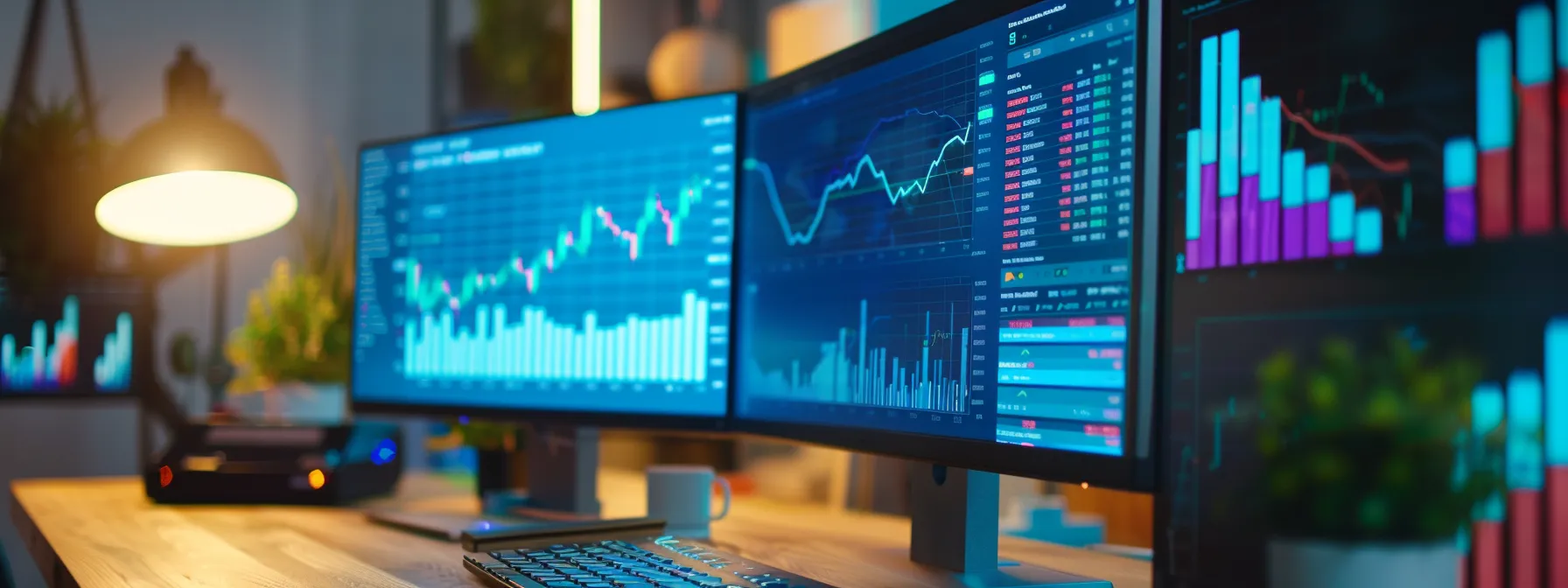 analyzing financial data on a computer screen with various graphs and charts.