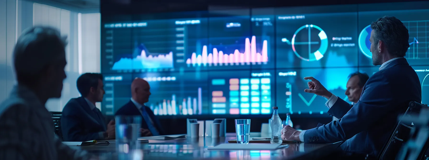 a cfo sitting at a conference table with executives, pointing at financial charts and graphs displayed on a large screen in a modern boardroom.