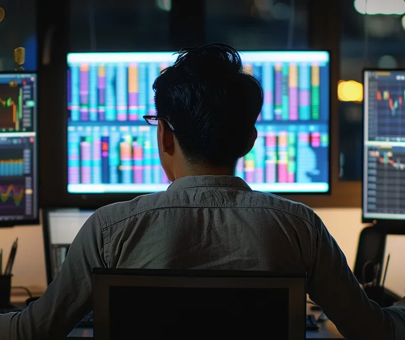 a person sitting at a computer with multiple screens displaying financial data.