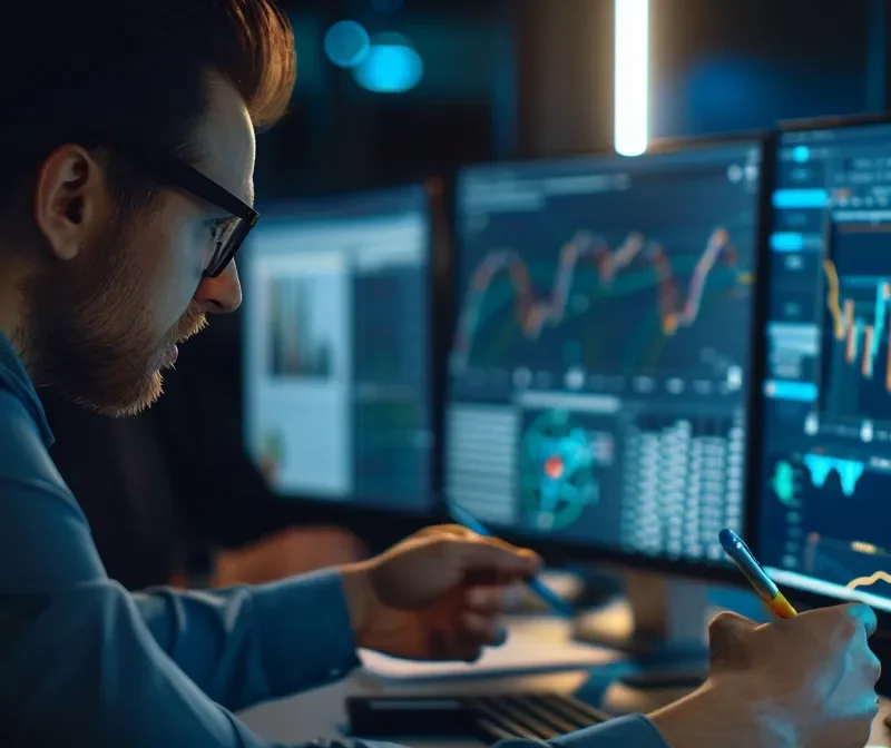 a group of accountants working together around a large computer screen, discussing financial data and graphs.