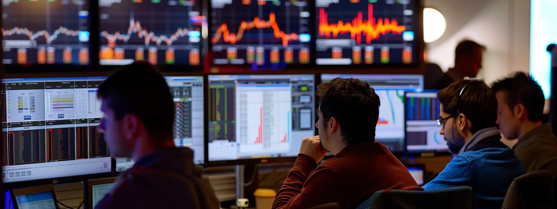 a team of professionals reviewing computer screens with complex financial data and charts.