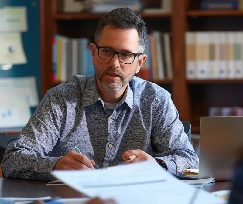 a part-time cfo reviewing financial documents in an office meeting with team members.