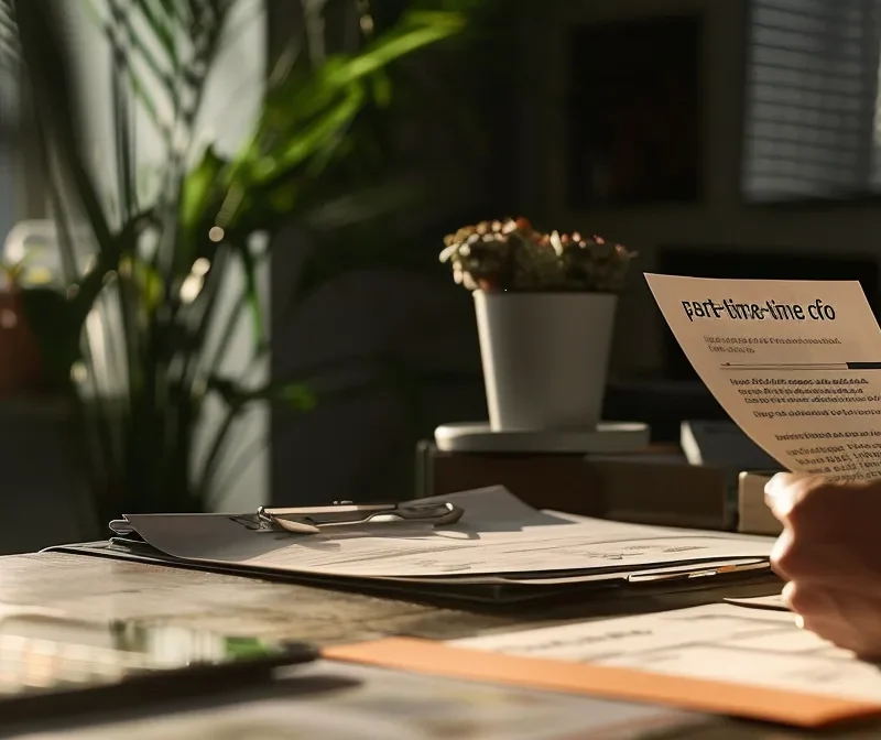 a person sitting at a desk with two job offer letters in front of them, one labeled "part-time cfo" and the other "full-time cfo".