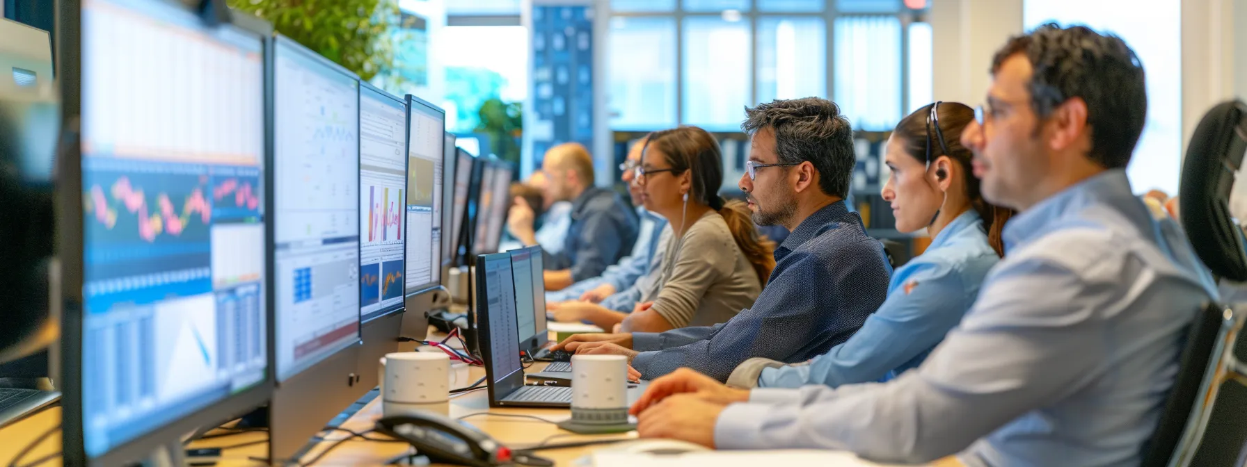 a group of accountants working on computers with advanced software programs.