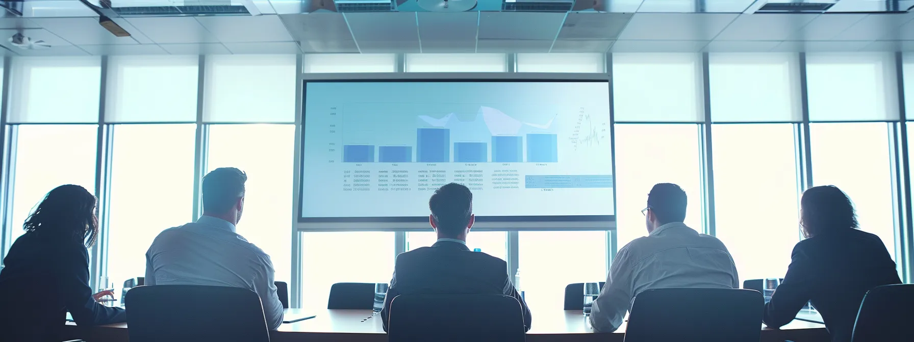 a group of business executives reviewing a presentation on a large screen in a modern conference room.