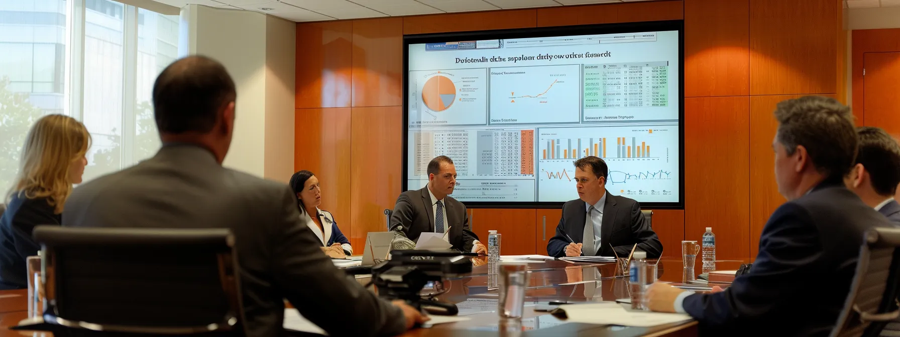 a fractional cfo reviewing financial documents and strategic plans with a team of executives in a modern conference room.