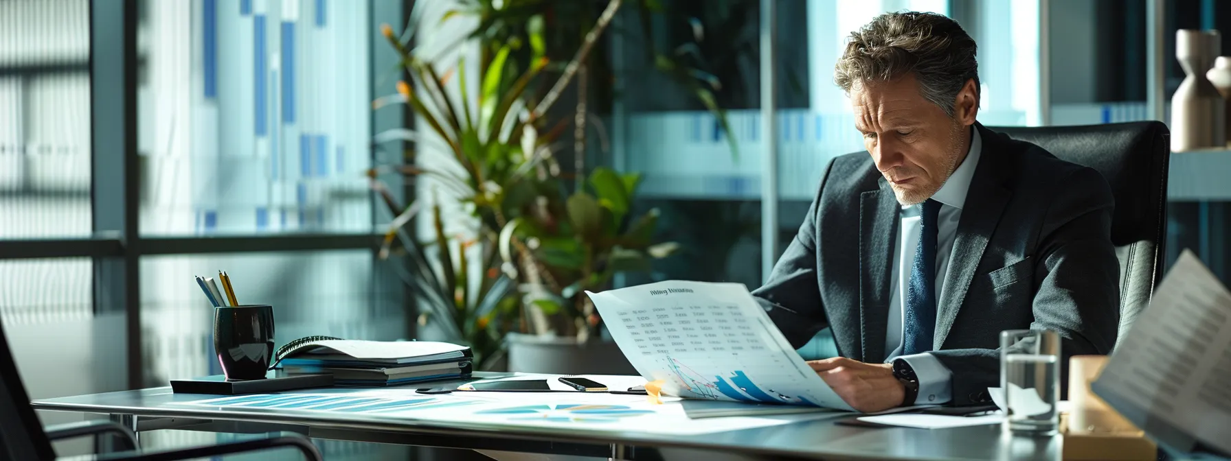 a cfo consultant analyzing financial data on a sleek, modern office desk, surrounded by charts and graphs, with a focused and determined expression.