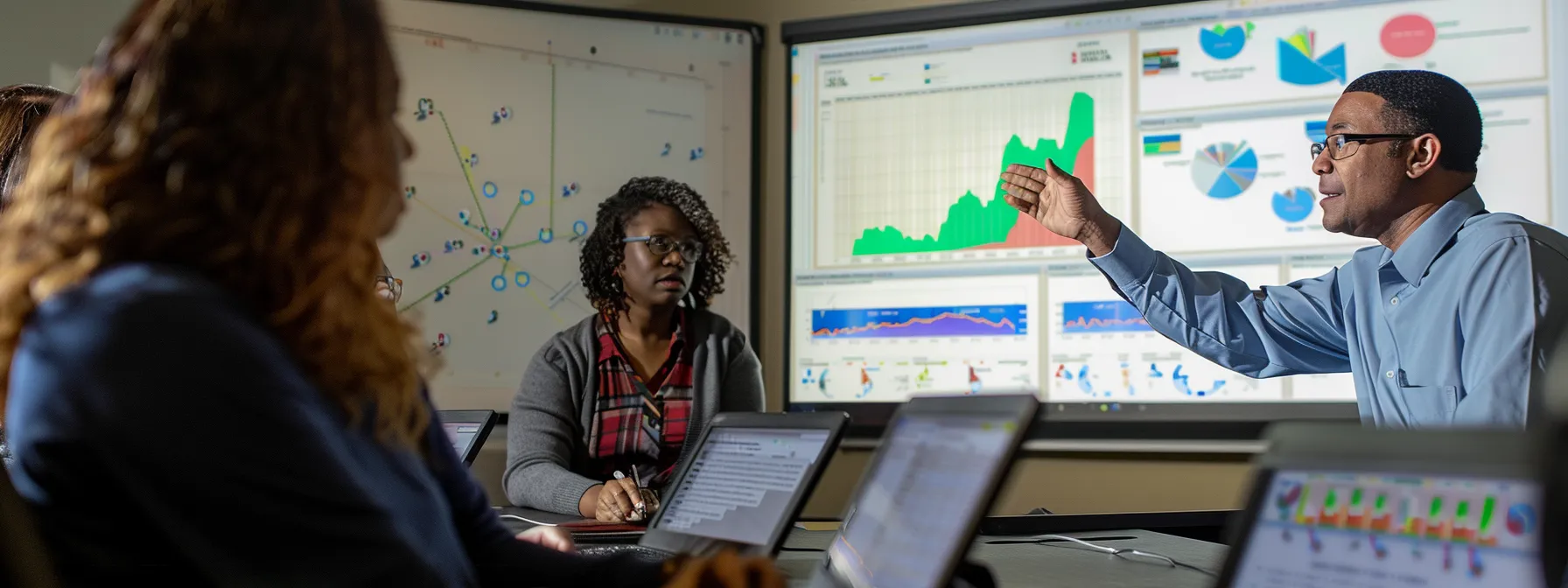 a diverse team of financial advisors collaborate around a table covered with charts, graphs, and computers, mapping out strategic plans for securing the future success of a business.