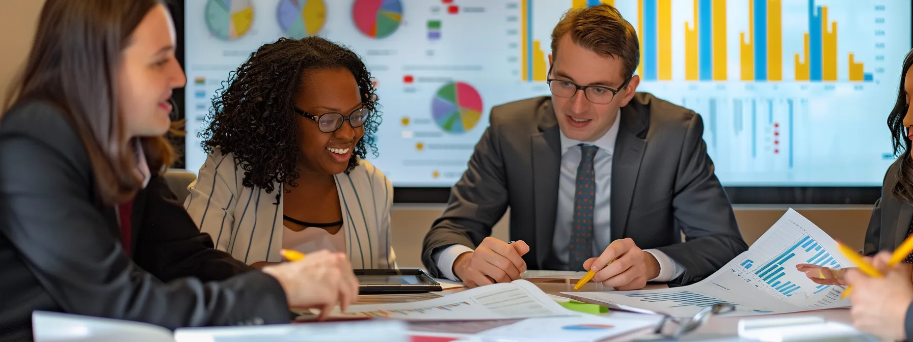 a diverse group of professionals in formal attire collaborating around a table covered in financial reports and charts, showcasing teamwork and strategic decision-making in a corporate setting.