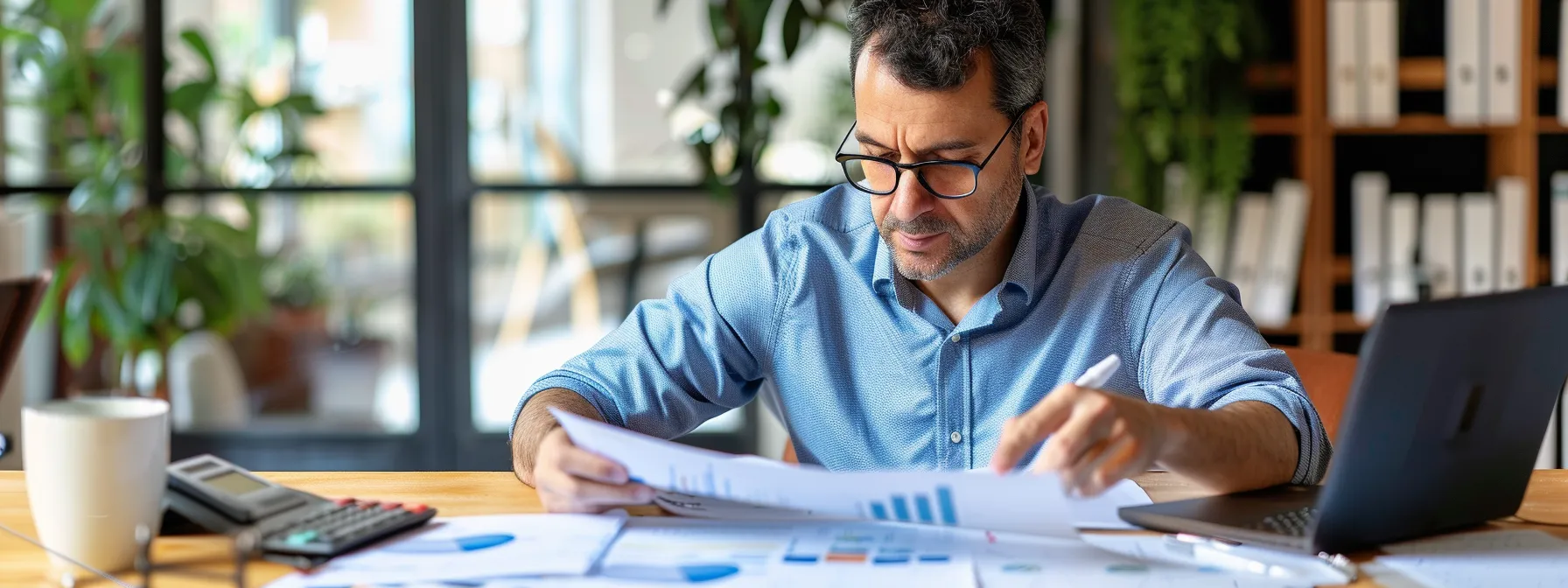 a business owner sitting at a desk with a diverse team, reviewing financial reports and tax documents with a focused and strategic mindset.