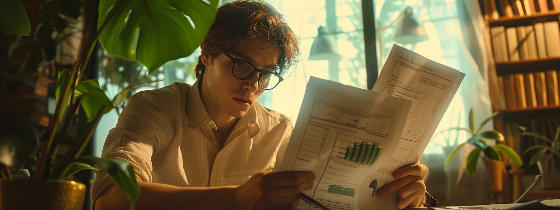 a business owner studying financial documents with a determined expression, surrounded by charts and graphs illustrating different financing options for growth.