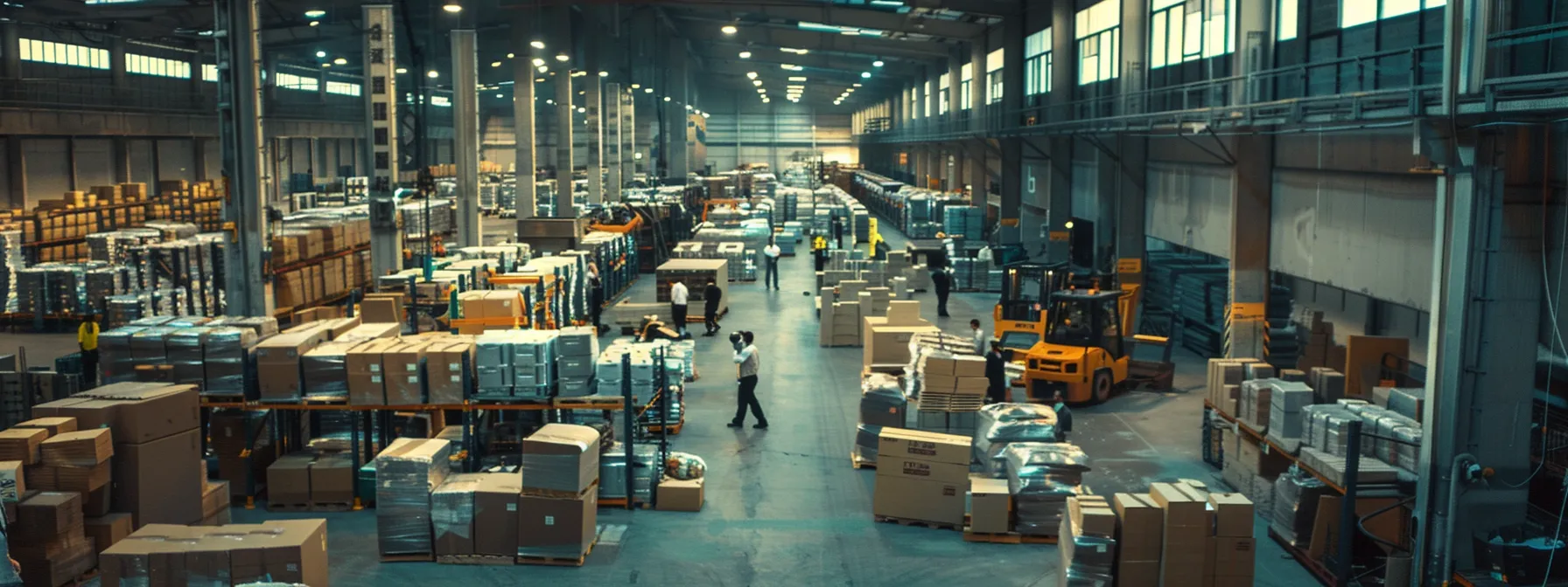 a bustling warehouse filled with neatly organized inventory shelves, efficient conveyor belts, and workers diligently working together to optimize supply chain management and cut costs.