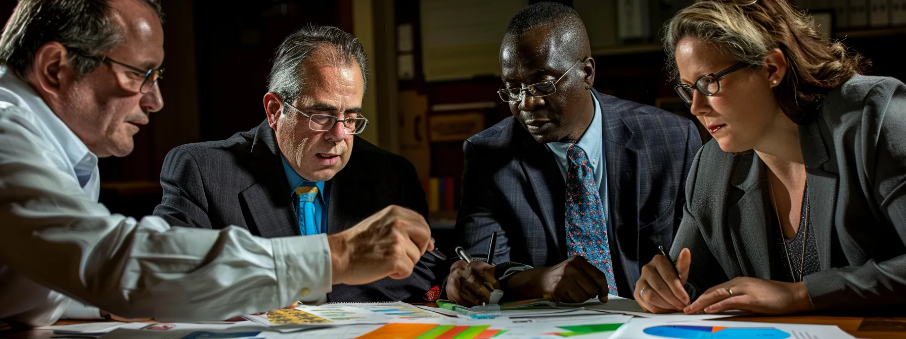 a diverse group of business professionals studying a chart comparing sole proprietorships, partnerships, and corporations to optimize tax savings and maximize retirement funds.