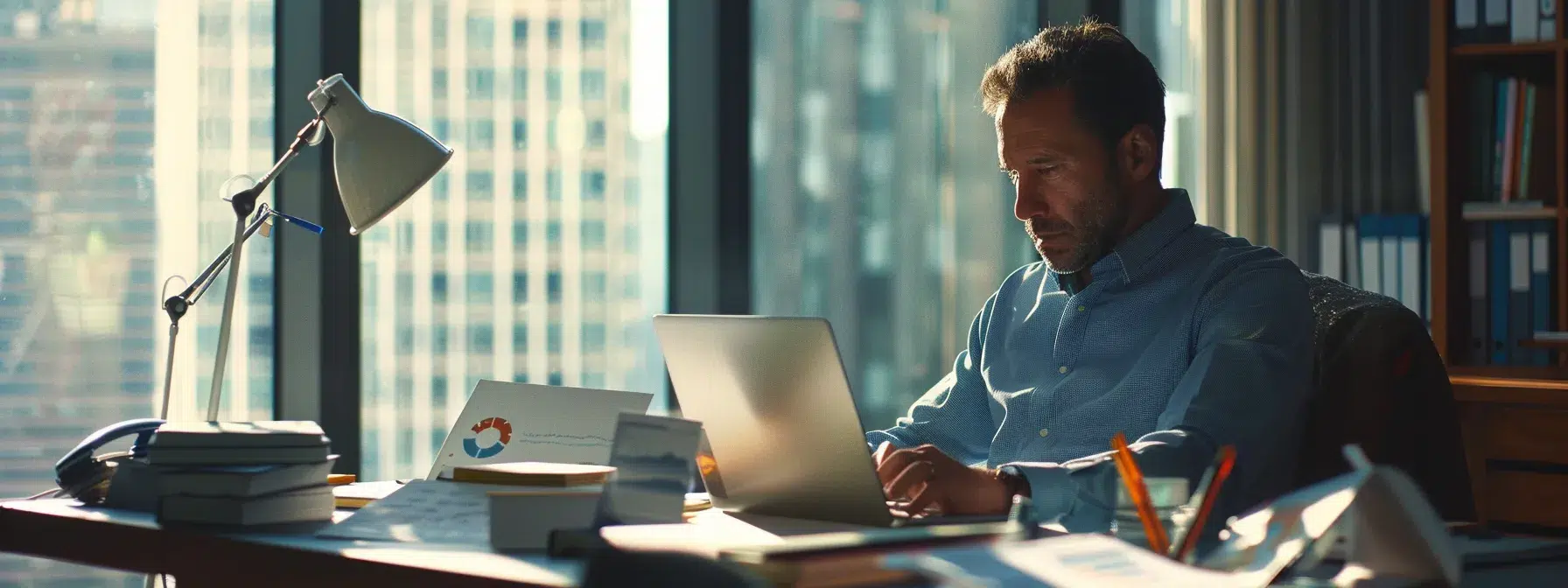 a focused and determined fractional cfo analyzing financial data on a laptop, surrounded by charts and graphs in a sleek, modern office setting.