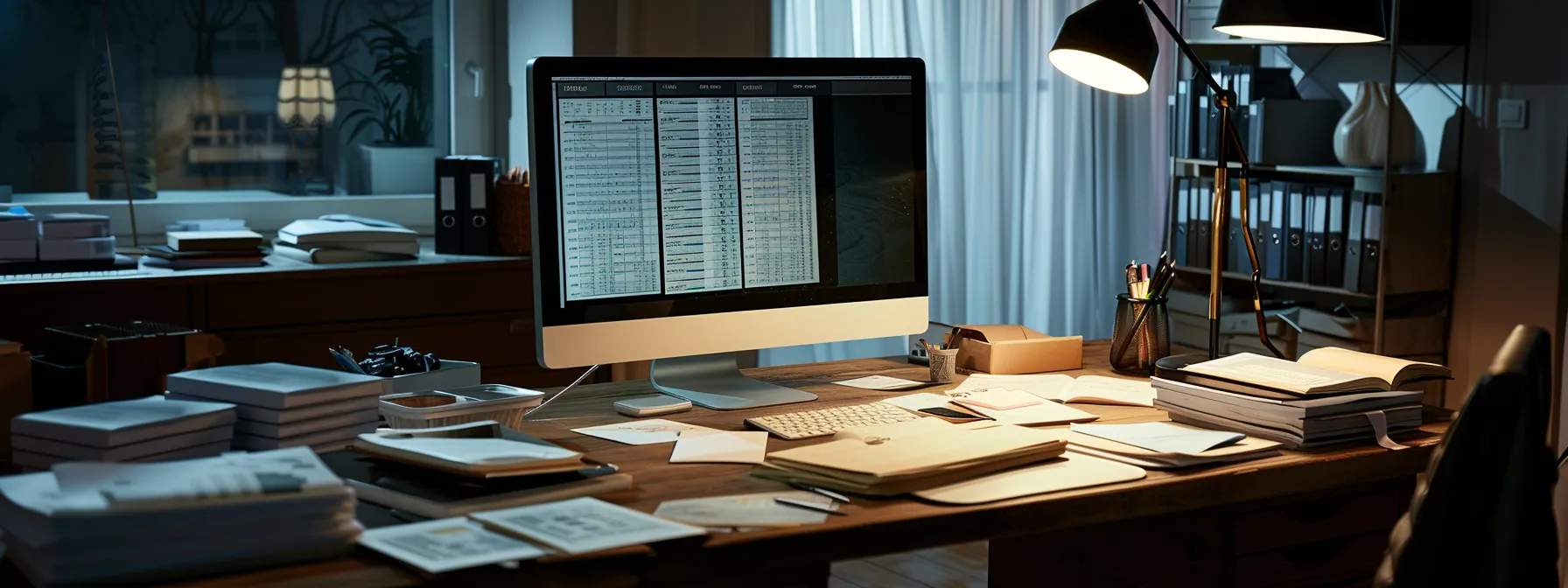 a focused cfo meticulously organizing tax documents on a sleek, modern desk with a computer displaying tax software, surrounded by folders and financial documents.