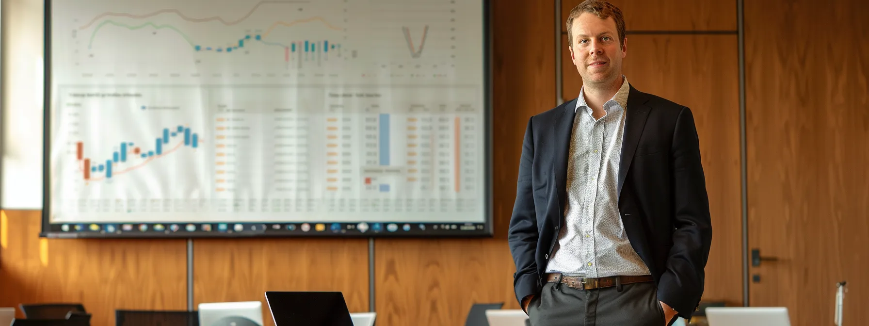 a focused entrepreneur stands confidently in a modern boardroom, surrounded by charts, graphs, and a laptop, ready to discuss terms with potential investors.