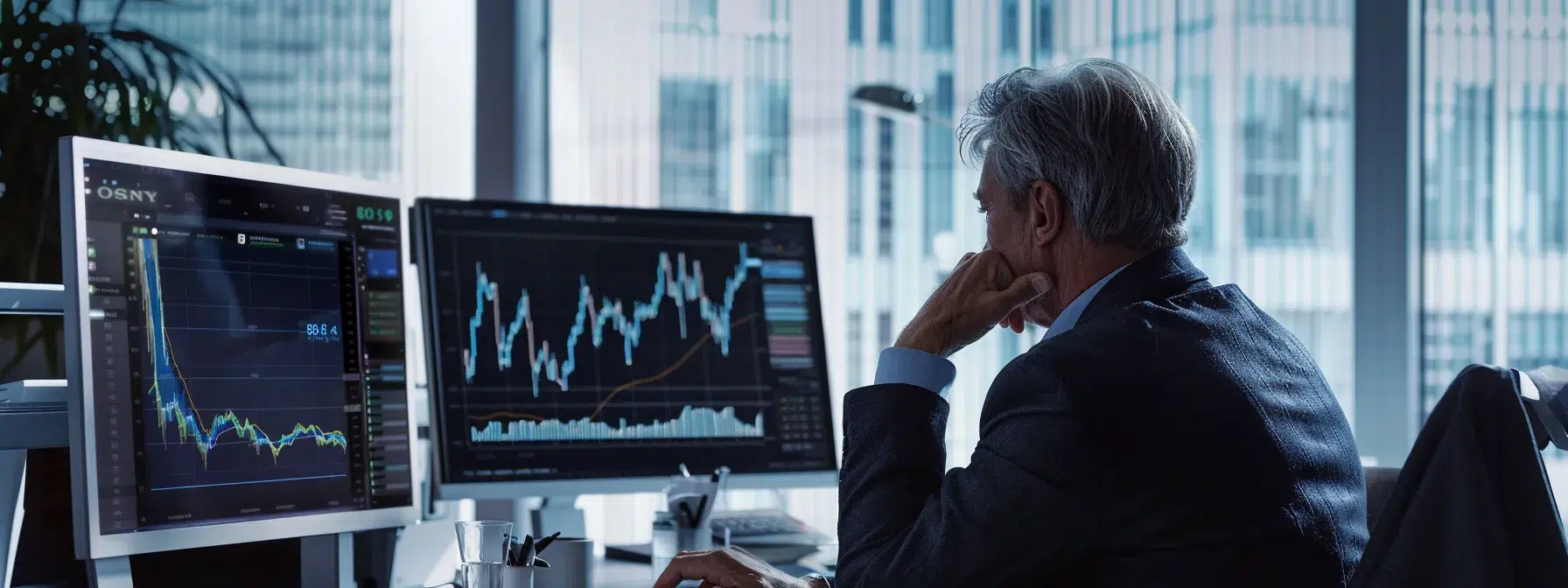 a focused executive reviewing financial charts and graphs on a sleek, modern computer screen in a bright, contemporary office setting.