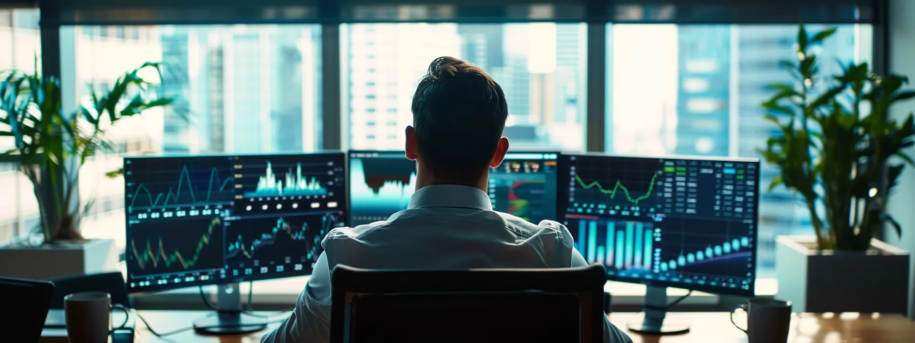 a focused fractional cfo analyzing investment portfolios to maximize returns with charts and graphs in a modern office setting.