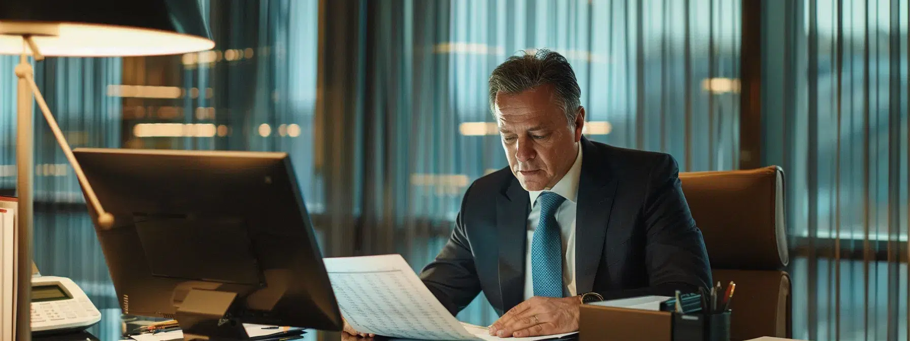 a focused fractional cfo reviewing financial data at a sleek, modern office desk.