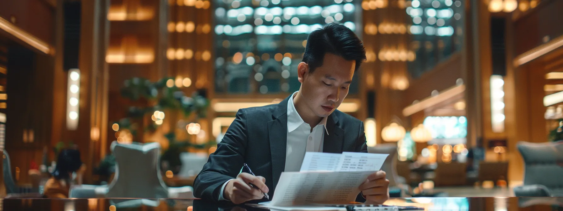 a focused fractional cfo reviewing financial data in a bustling, high-end hotel lobby.