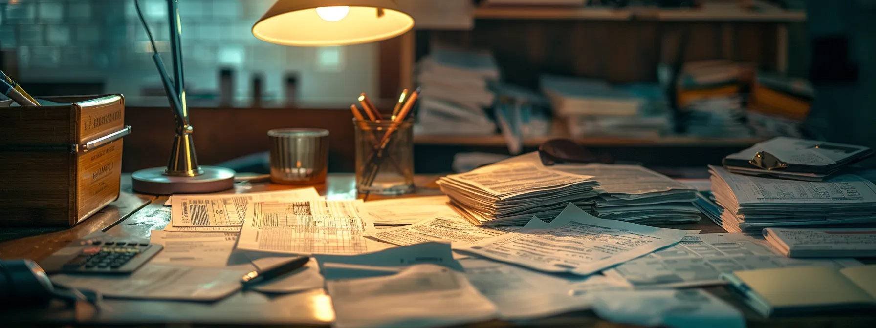 a focused, organized desk displaying receipts, invoices, and tax forms, emphasizing the importance of maximizing business deductions and credits.