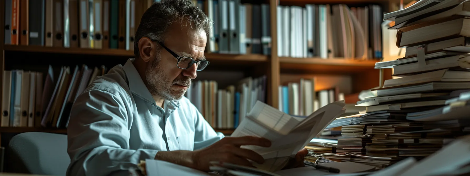 a fractional cfo carefully studying a stack of intricate tax documents, surrounded by shelves filled with financial books and research materials.