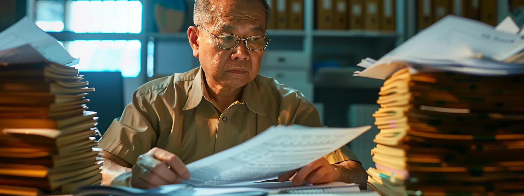 a fractional cfo reviewing tax documents with a focused expression, surrounded by stacks of financial reports and a computer displaying tax laws.