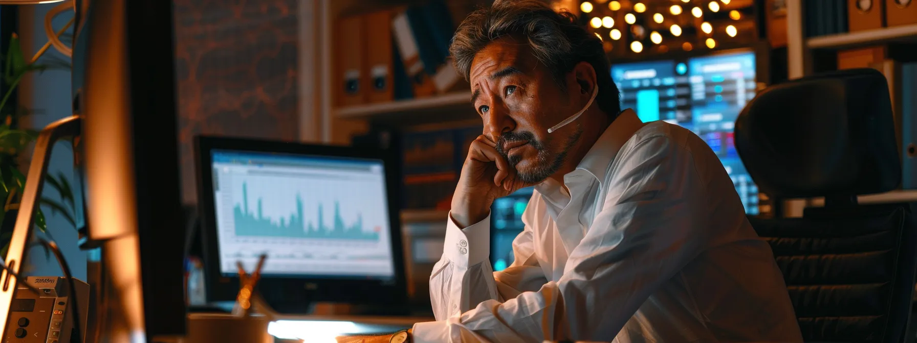 a fractional cfo sitting at a desk surrounded by financial modeling software, data analytics charts, and scenario planning diagrams, deep in thought as they analyze data for accurate forecasting.