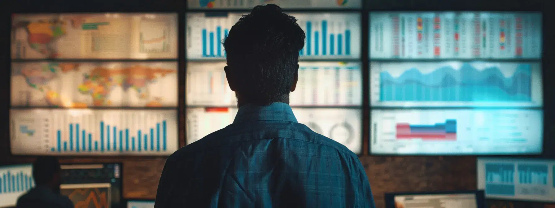 a fractional cfo standing in front of a wall covered in charts and graphs, analyzing market trends and economic indicators to align financial forecasts with business objectives.