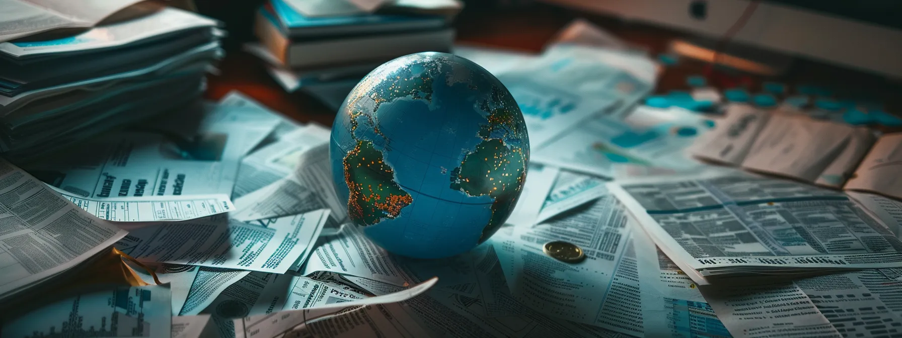 a globe surrounded by various tax forms and documents, symbolizing the complexity of international tax laws for businesses expanding globally.