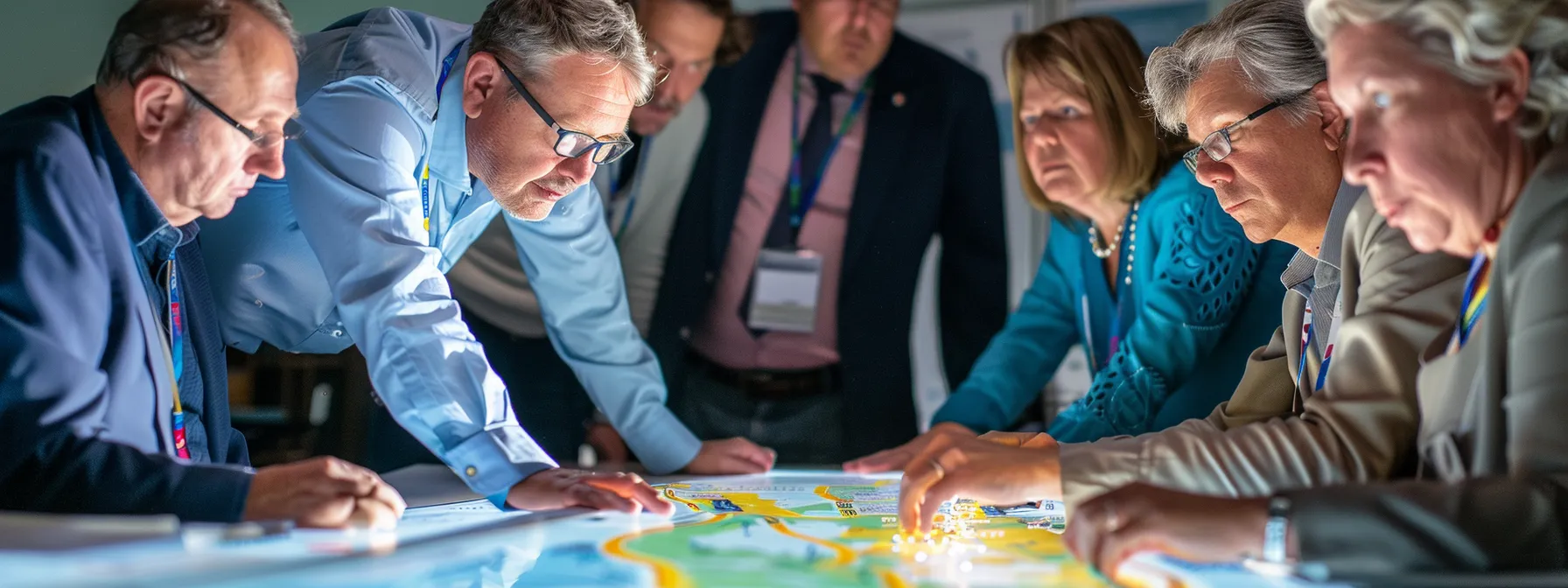 a group of business executives scrutinizing a complex roadmap with financial figures, highlighting the challenges of strategic planning.