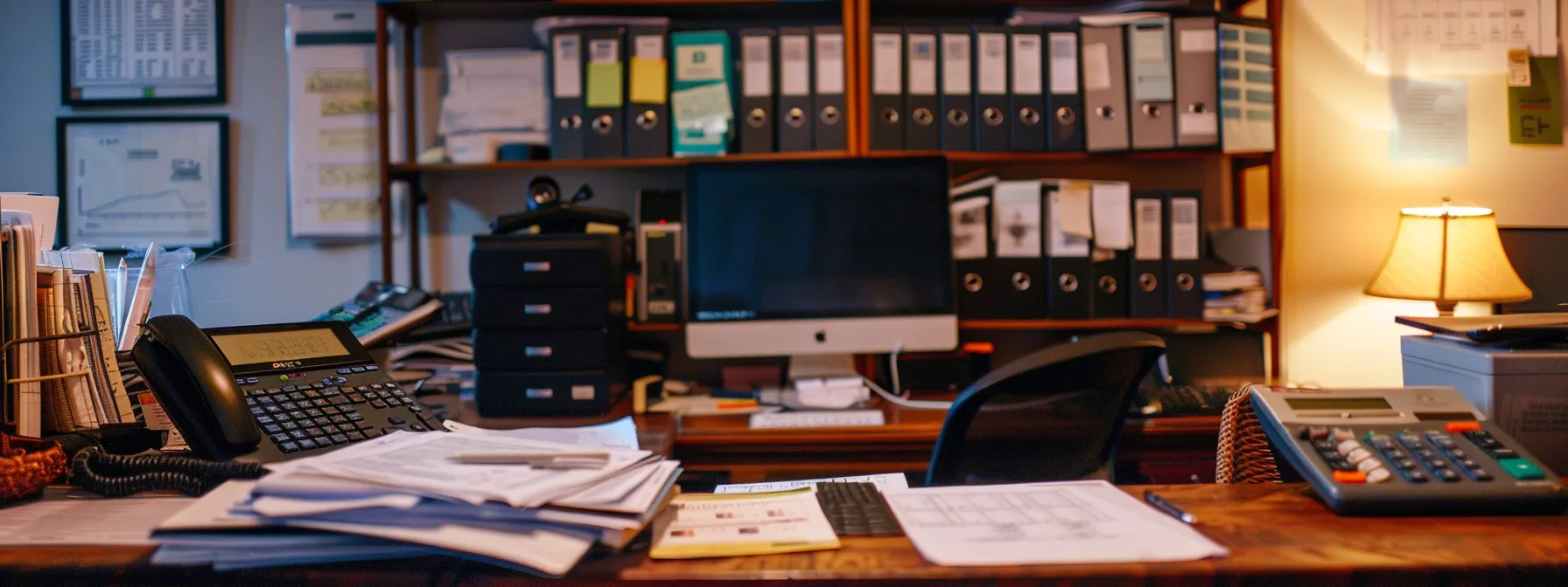 a neatly arranged desk with labeled folders, a computer showing financial software, and a calculator, demonstrating effective financial record organization for small businesses.