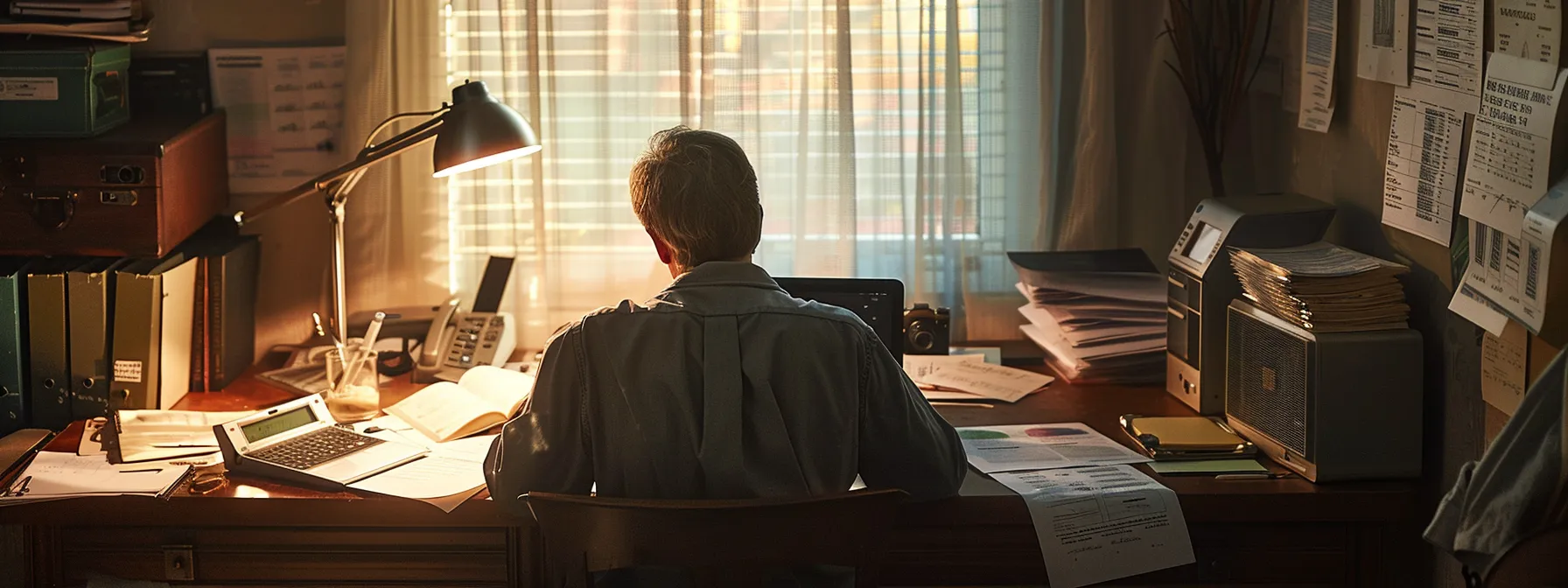 a person sitting at a desk surrounded by tax documents, a laptop, and financial charts, showing a diligent and proactive approach to ongoing tax planning.