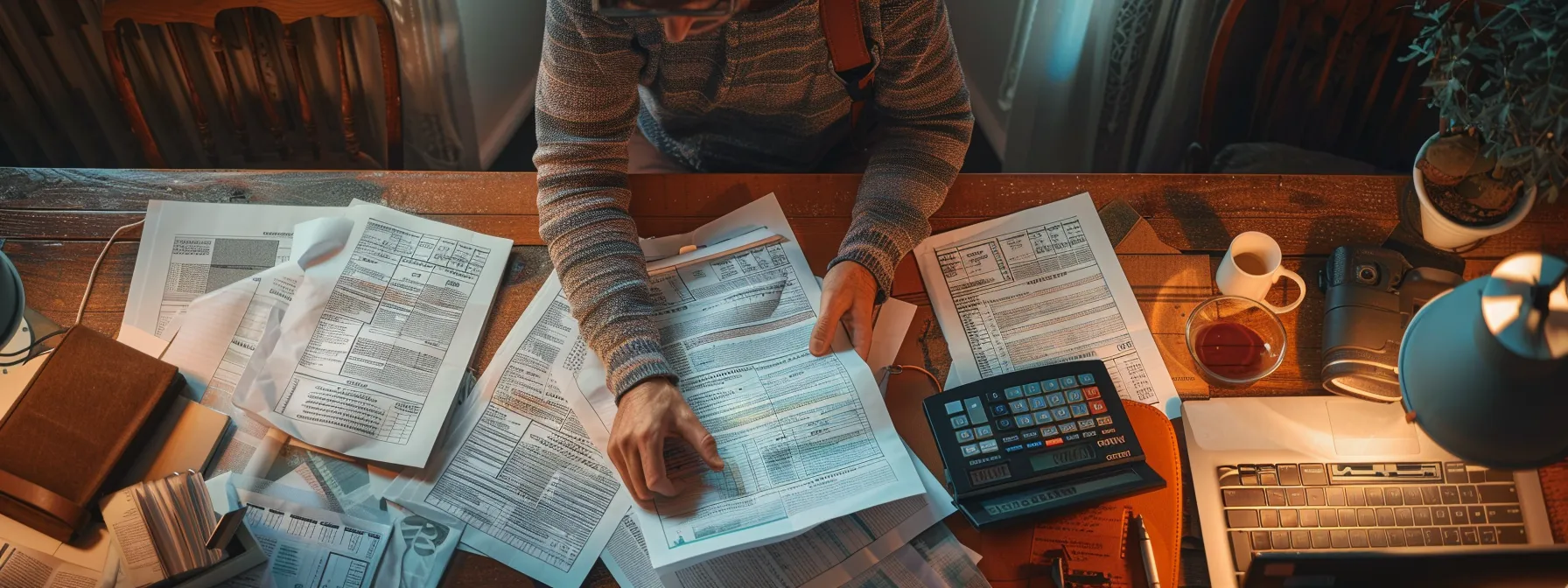 a person surrounded by tax forms, calculators, and financial documents, deep in thought as they evaluate tax strategies and opportunities for savings.