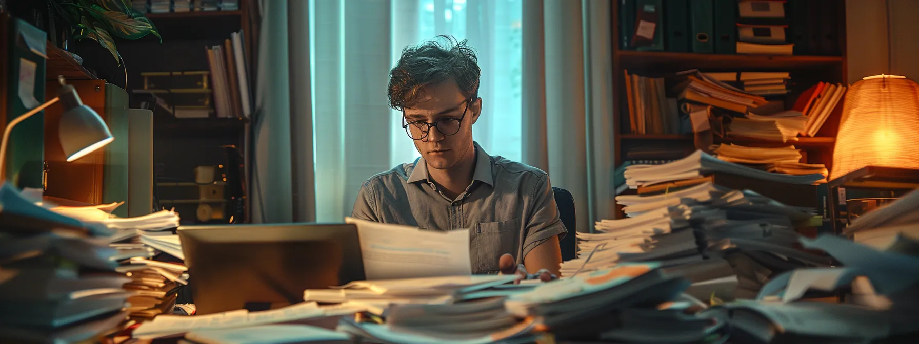 a small business owner surrounded by piles of paperwork and a computer screen displaying tax compliance software, showcasing the challenges of navigating tax obligations in a visually striking manner.