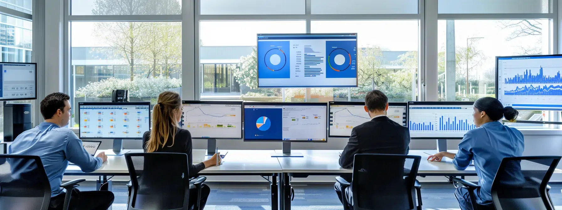 a team of analysts reviewing financial reports on multiple screens in a sleek, modern office setting.