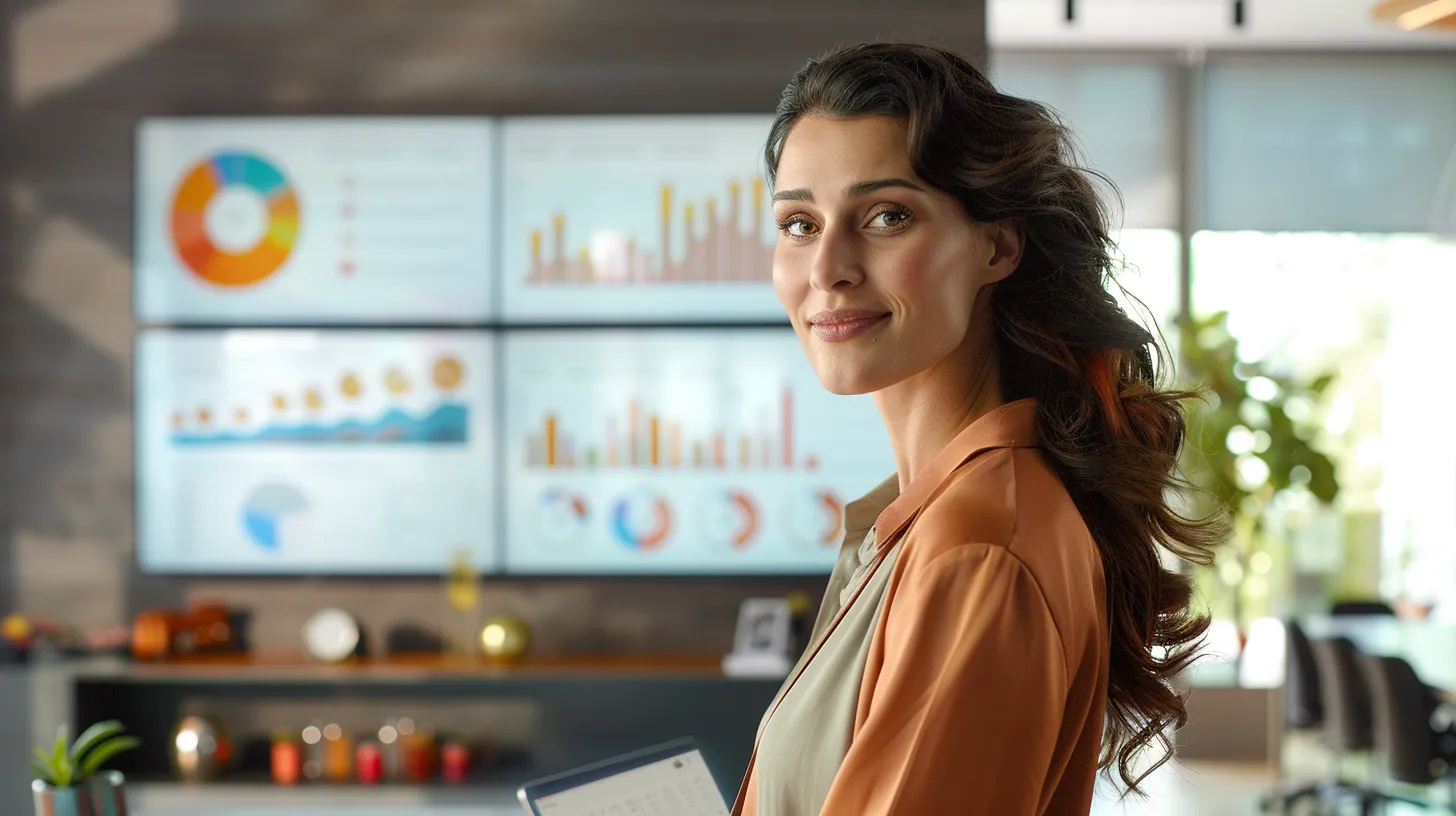 a confident business professional stands in a modern office, analyzing financial charts on a sleek screen, illuminated by warm natural light, symbolizing the strategic advantages and significant savings gained through fractional cfo expertise.