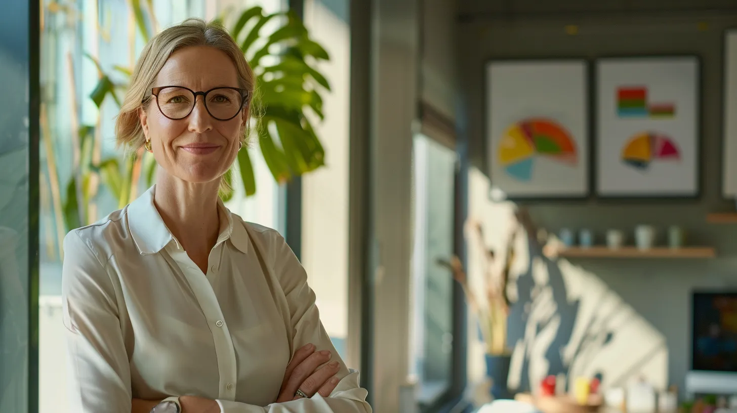 a confident fractional cfo stands in a modern office, surrounded by vibrant charts and graphs, illuminated by soft sunlight filtering through large windows, symbolizing the strategic growth and tailored solutions they provide to thriving businesses.