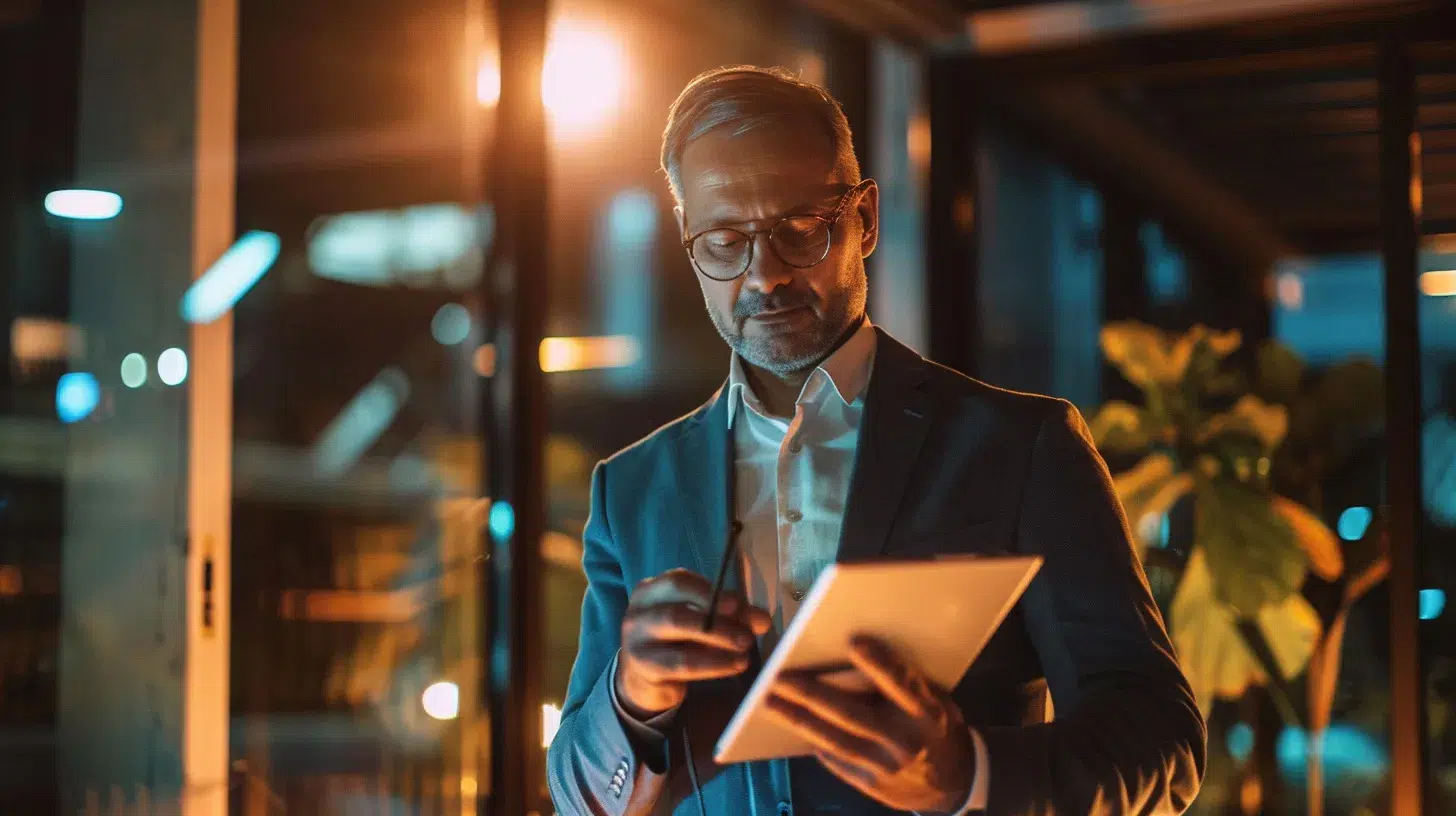 a confident fractional cfo stands in a sleek, modern office, analyzing financial reports on a digital tablet with charts and graphs glowing softly in the ambient light, symbolizing expertise in compliance and risk management.