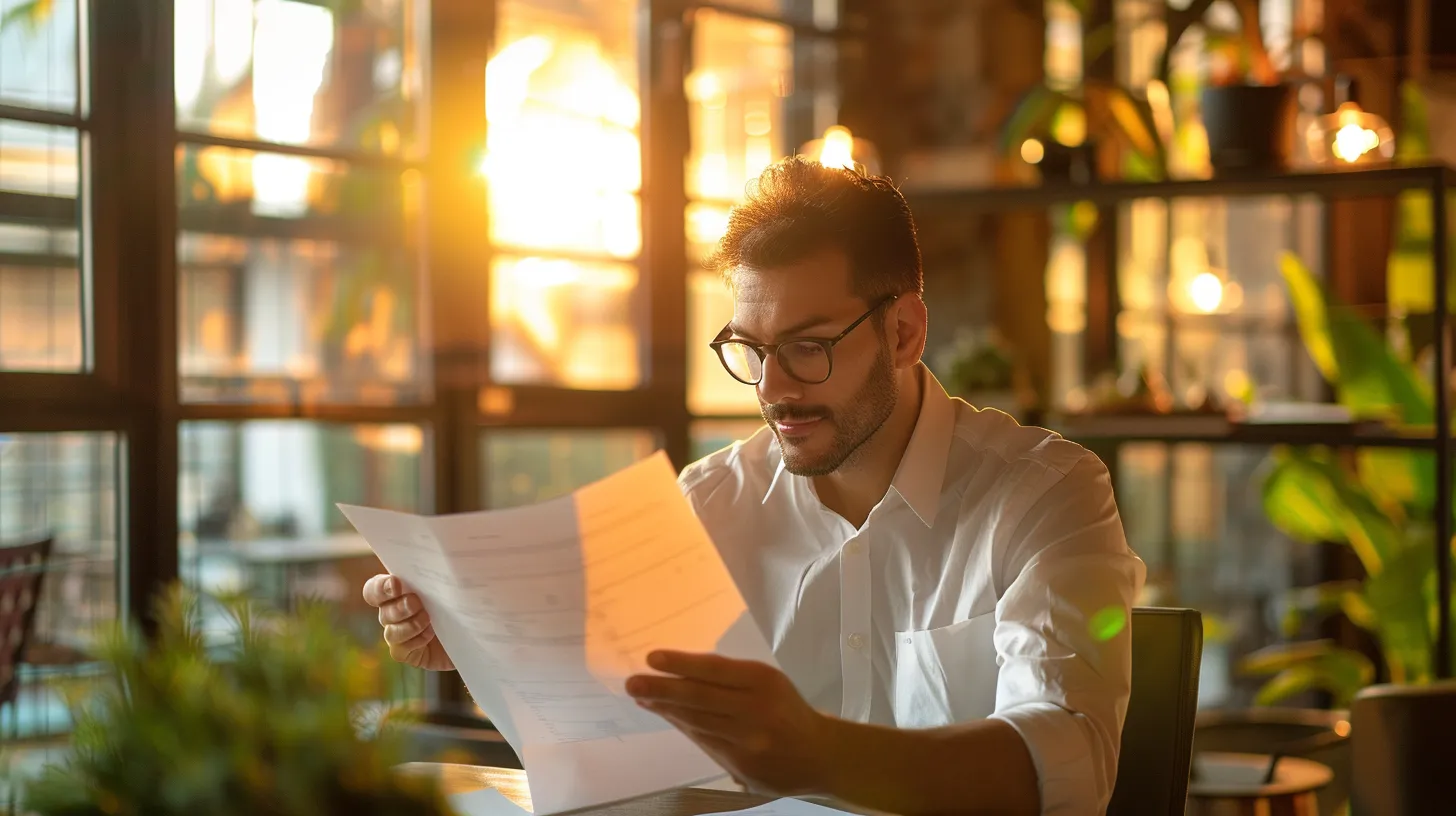 a confident startup founder reviews financial documents in a modern office, illuminated by warm afternoon light, as a professional fractional cfo offers strategic insights, symbolizing growth and tailored financial solutions.