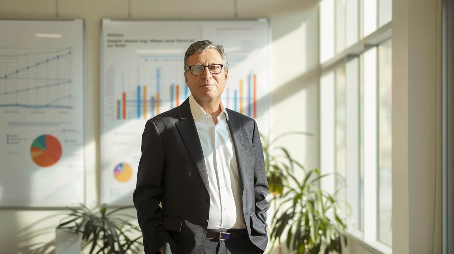 a determined business executive stands confidently in a modern office, surrounded by charts and graphs, symbolizing the pivotal moment of transitioning from fractional to full-time cfo, with warm, natural light streaming through large windows to highlight the importance of strategic growth.