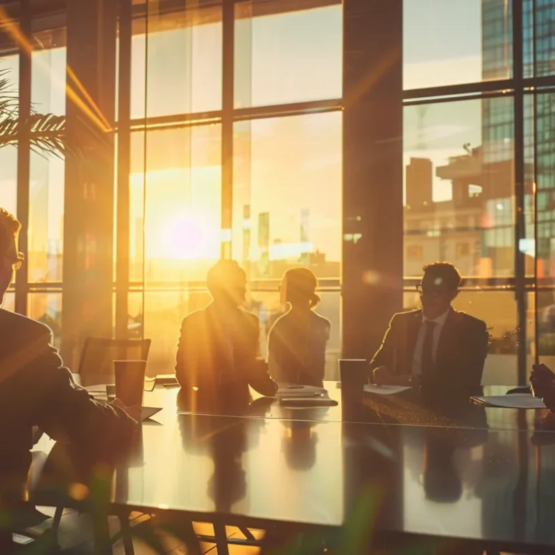 a dynamic and vibrant business meeting scene showcasing a diverse group of entrepreneurs engaged in a strategic discussion, with charts and financial reports illuminated by warm, natural light streaming through large windows, symbolizing transformative growth and innovation in startup finance.