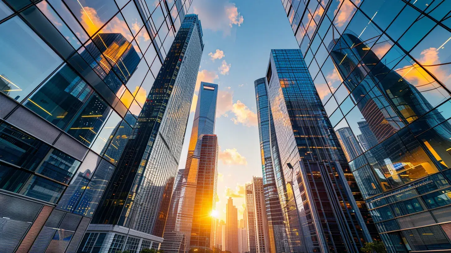 a dynamic city skyline at sunrise symbolizes strategic financial growth, with vibrant colors reflecting off towering glass buildings that represent innovation and sustainable success.