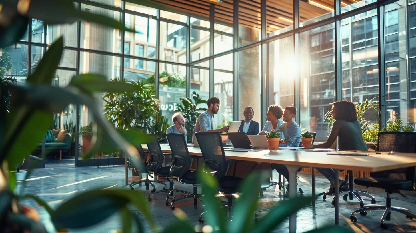 a dynamic office environment showcases a confident fractional cfo presenting innovative financial strategies to a diverse team, illuminated by warm natural light filtering through large windows, symbolizing growth and collaboration.