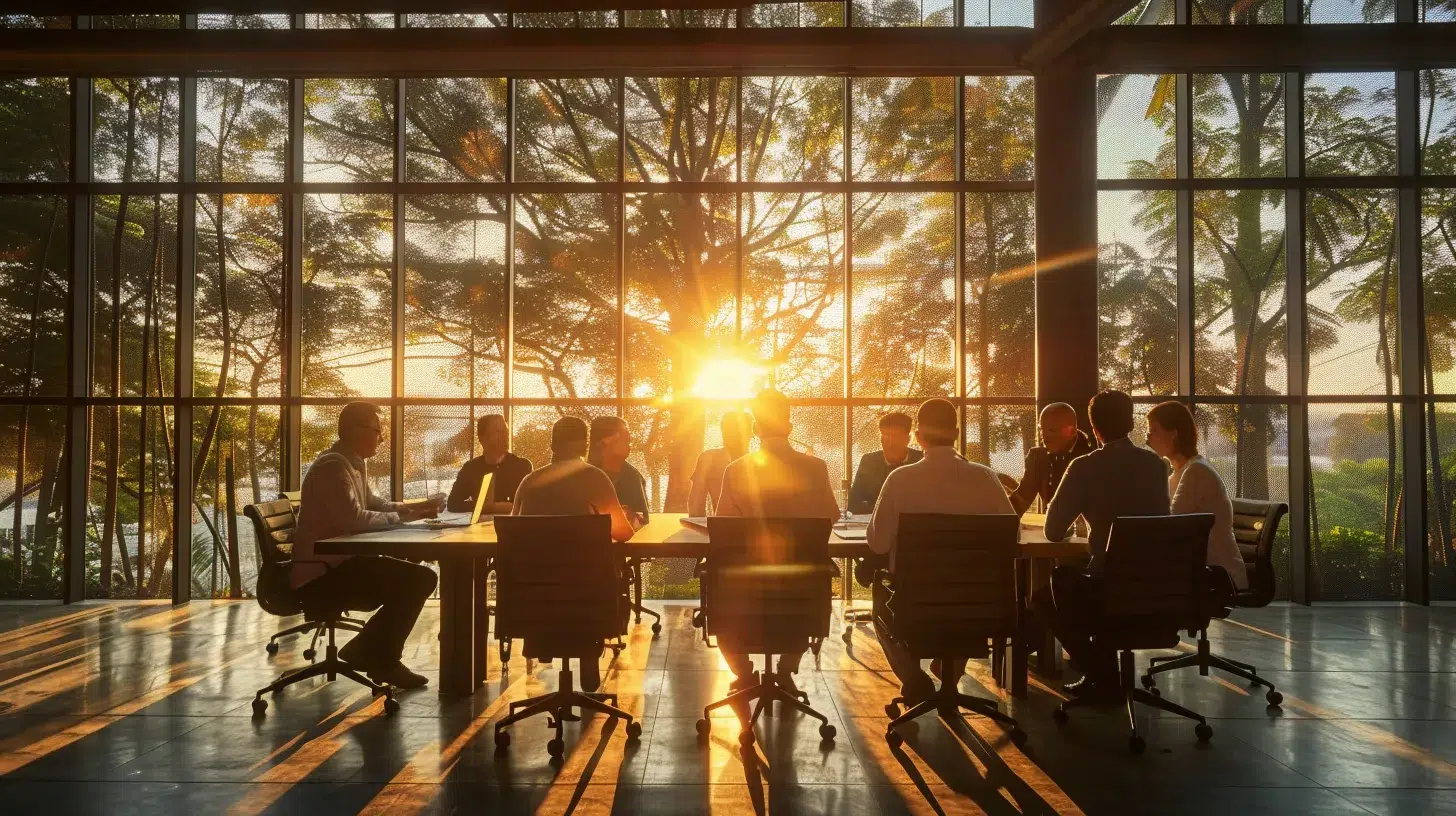 a dynamic startup office environment featuring a focused group of professionals engaging in a strategic meeting, illuminated by warm sunlight filtering through large windows, symbolizing the collaborative spirit and financial growth empowered by fractional cfo services.